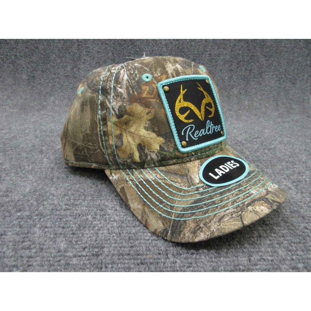 Realtree Ladies Hat Adjustable NWT Camo Glitter Logo Turquoise Stitching OSFM